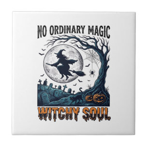Witchy Halloween Art Vintage Engraving Moonlit Spe Tile