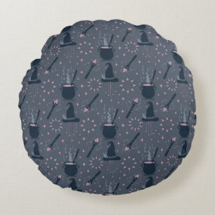 Witchy Halloween Cauldron Magic Round Pillow
