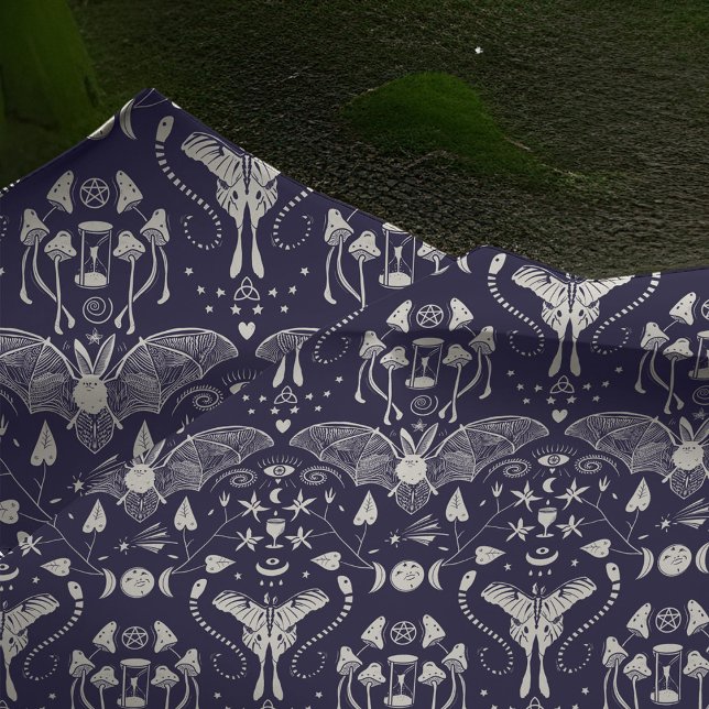 Witchy Halloween Nature Pattern Mushrooms Moth Bat Tissue Paper (Gothic whimsy witch's garden Halloween tissue paper in celestial blue with bat, moth, mushrooms)