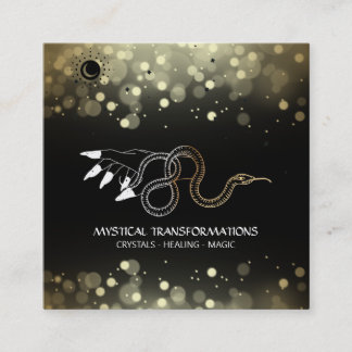 *~* Witchy Hand Gold Snake Moon Magic Boho Black Square Business Card