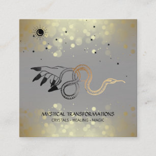 *~* Witchy Hand Gold Snake  Moon Magic Boho Grey   Square Business Card