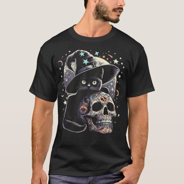 Witchy Kitten with Sugar Skull Halloween T-Shirt (Front)