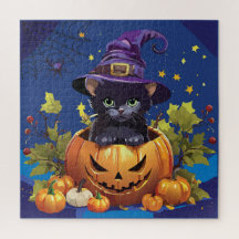 Witchy Kitty en Carré Citrouille Jigsaw Puzzle