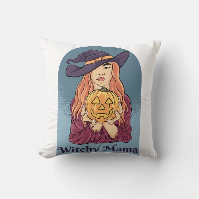 Witchy Mama Ghost Funny Halloween Groovy Throw Pillow (Front)