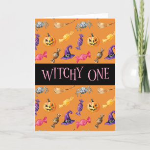 "Witchy One" Orange Halloween Pattern Card