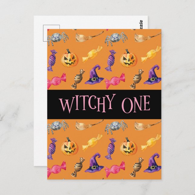 "Witchy One" Orange Halloween Pattern Postcard (Front/Back)