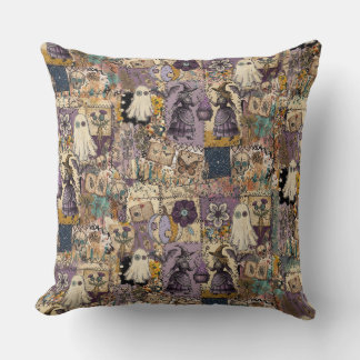Witchy Patchwork in Purple and Blues Spooky Ghost Throw Pillow