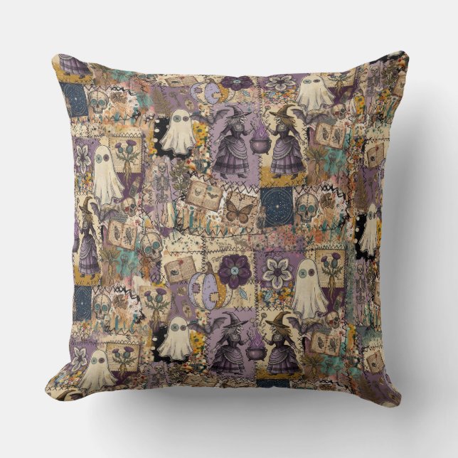 Witchy Patchwork in Purple and Blues Spooky Ghost  Throw Pillow (Front)