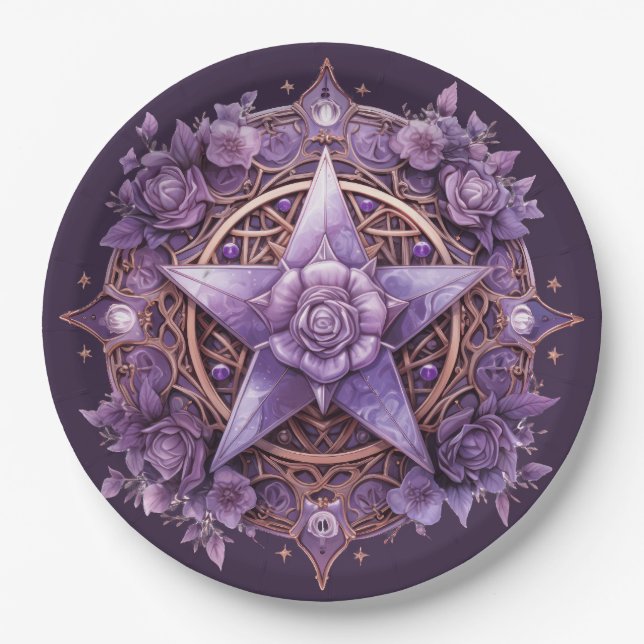 Witchy Pentacle Party Plate – Purple Rose Design (Front)