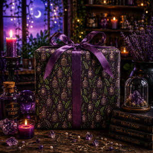 Witchy Potion Bottles Magic Herbs Dark Plum Wrapping Paper