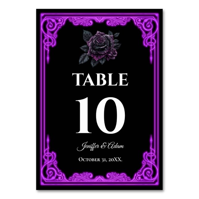 Witchy purple Glow Gothic Wedding Table number (Front)