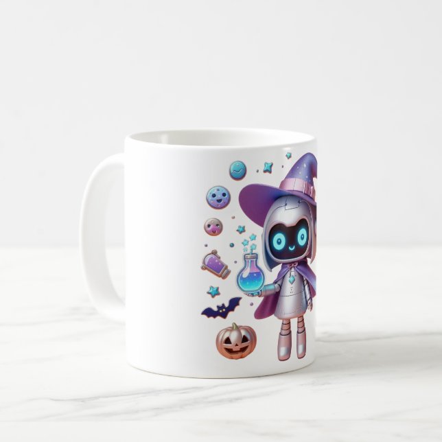 Witchy Robot Magic Mug – Cute Halloween Sci-Fi Mug (Front Left)