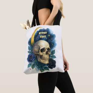 Witchy Skull Gothic Aesthetic Dark Floral Tote Bag