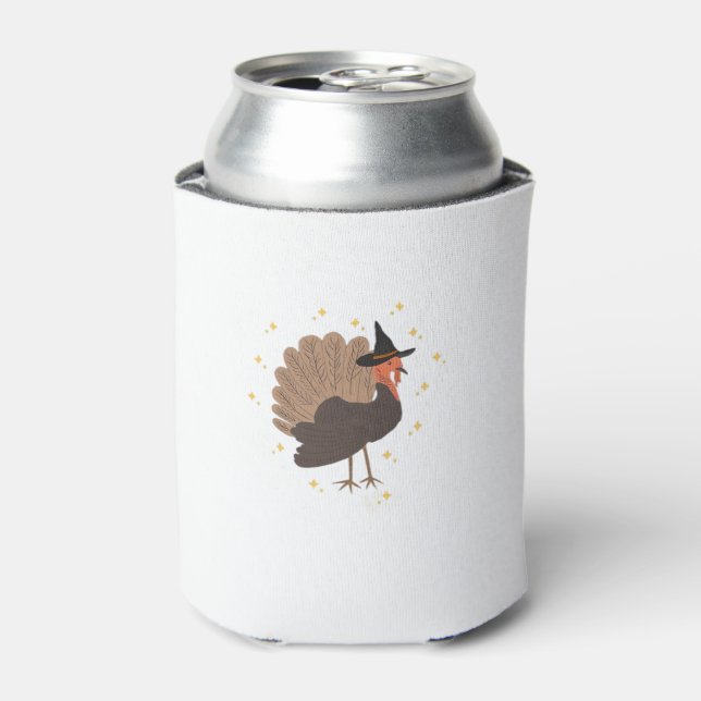 Witchy turkey with hat and sparkling stars illustr can cooler (Can Front)