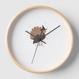 Witchy turkey with hat and sparkling stars illustr clock