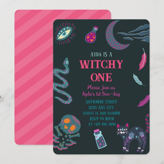 Witchy Un 1er anniversaire halloween Invitation (Devant / Derrière)