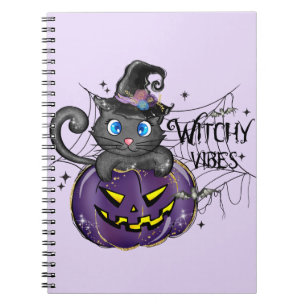 Witchy Vibes – Black Cat on Purple Jack-O-Lantern Notebook