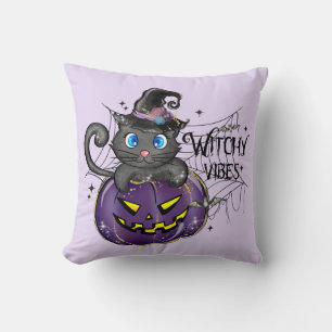 Witchy Vibes – Black Cat on Purple Jack-O-Lantern Throw Pillow