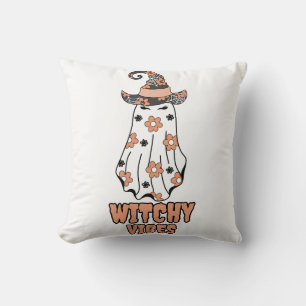 "Witchy Vibes" Halloween Witch Ghost Orange Throw Pillow