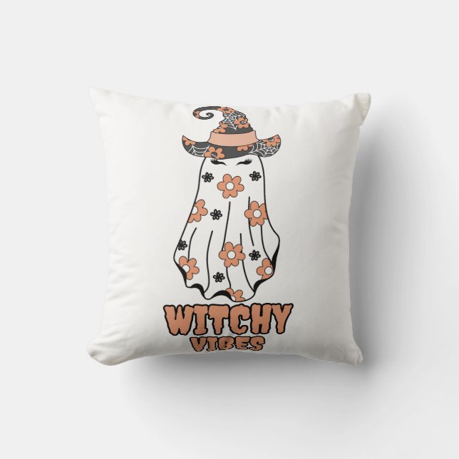"Witchy Vibes" Halloween Witch Ghost Orange Throw Pillow (Front)