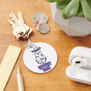 "Witchy Vibes" Halloween Witch Ghost Purple Keychain