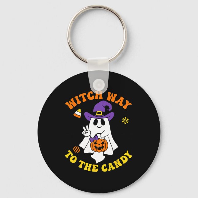 Witchy Way To The Candy Funny Witch Pumpkin Hallow Keychain (Front)