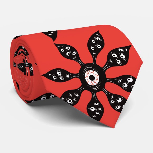 Witchy Weird Eye Creature Floral Horror Red Tie (Rolled)