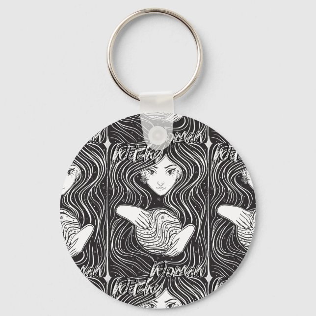 Witchy Woman Artistic Black and White Keychain (Front)