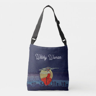 Witchy Woman in Red Floating over City Moon Blue Crossbody Bag