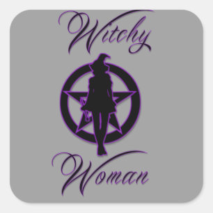 Witchy woman silhouette with pentacle square sticker