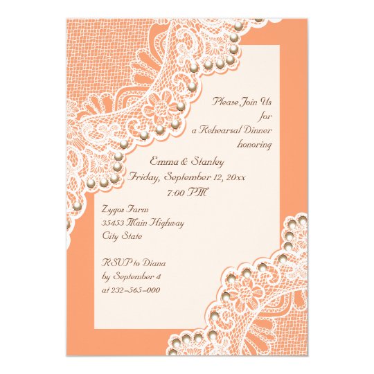 Wite lace & pearls wedding coral rehearsal dinner card