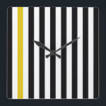 With A Yellow Stripe Square Wall Clock<br><div class="desc">Snazzy black and white stripes with a bright yellow highlight pattern.</div>