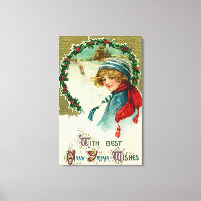 With Best New Year Wishes Sledding Scene Canvas Print (Front)