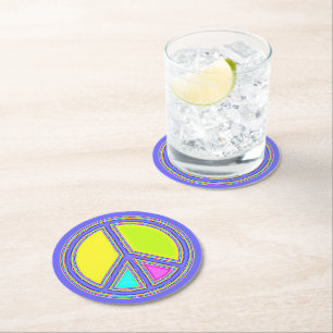 With Colours Filled PEACE Sign 1 Round Paper Coaster