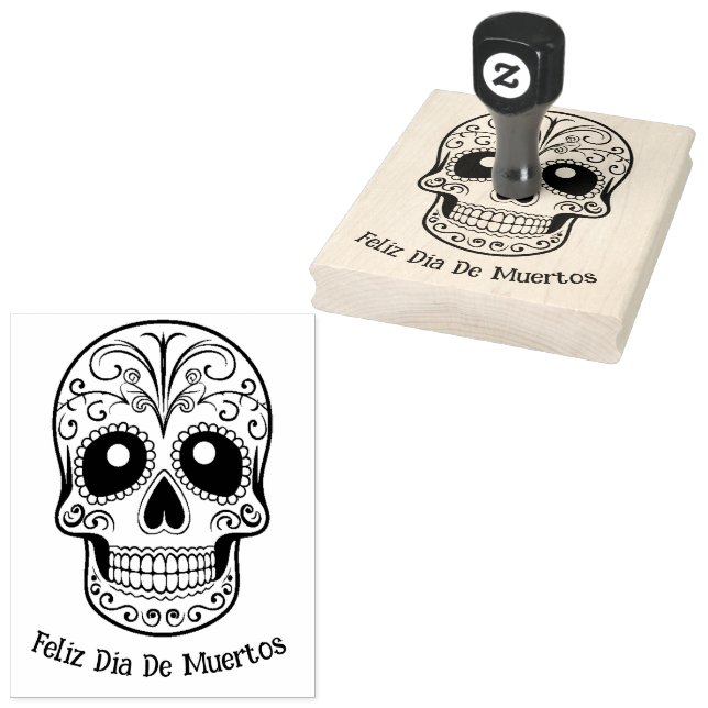 With custom text Sugar Skull  ☠️ Día de Muertos Rubber Stamp (Stamped)
