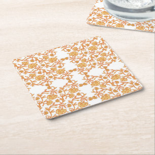 with Elegant Orange and White Floral Wallpaper Square Paper Coaster