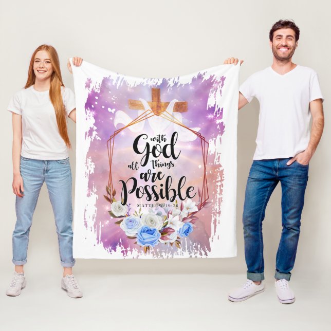With God All Things Are Possible Bible Verse Cross Fleece Blanket (In Situ)