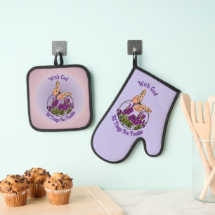 With God Butterfly Flower Art Inspirational  Oven Mitt & Pot Holder Set