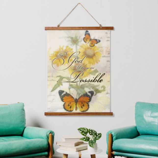 With God Sunflowers and butterfly    Hanging Tapestry (Living Room)