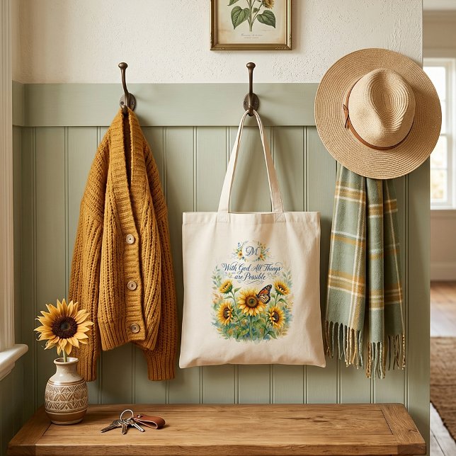 With God , sunflowers monogram Tote Bag (Creator Uploaded)