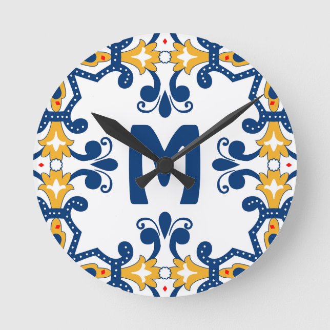 With initial 💛 💙blue and yellow Azulejos  Round Clock (Front)