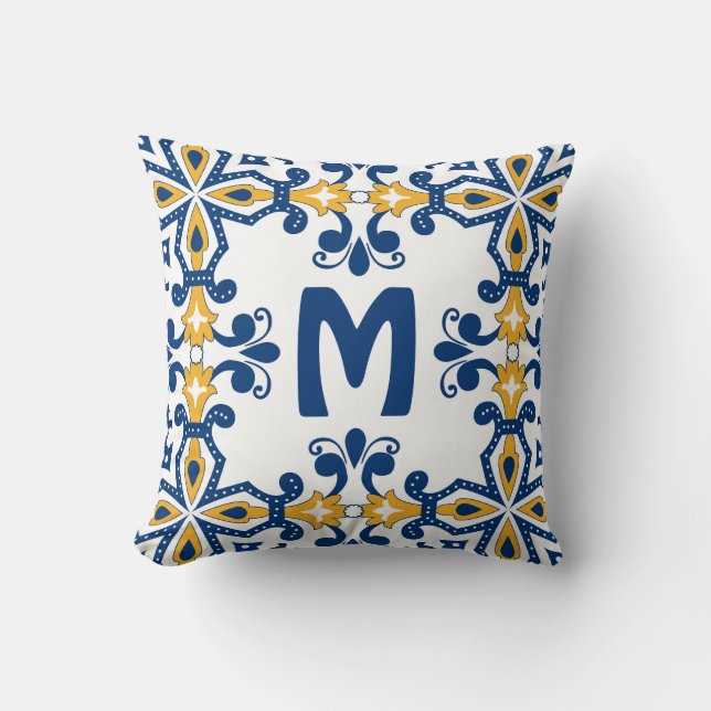 With initial 💛 💙blue and yellow Azulejos,  Throw Pillow (Front)