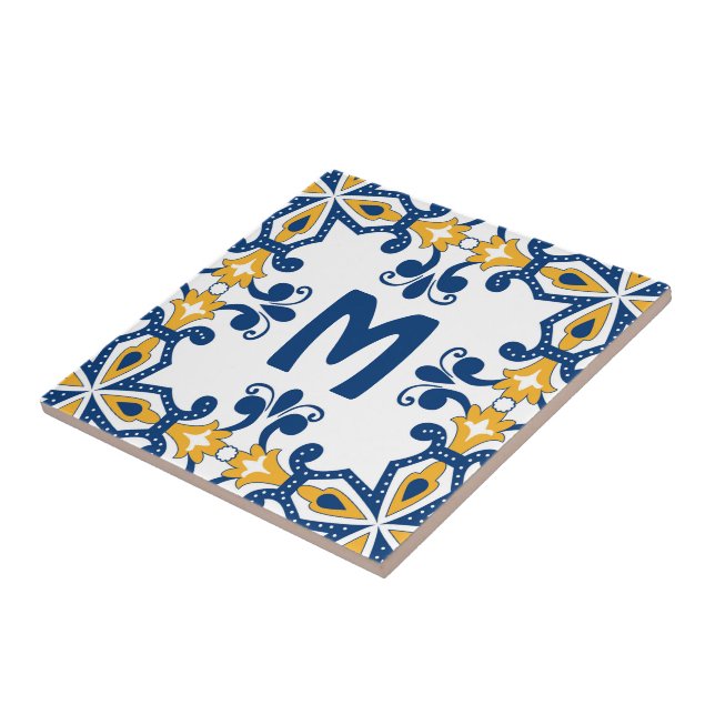 With initial 💛 💙blue and yellow Azulejos  Tile (Side)