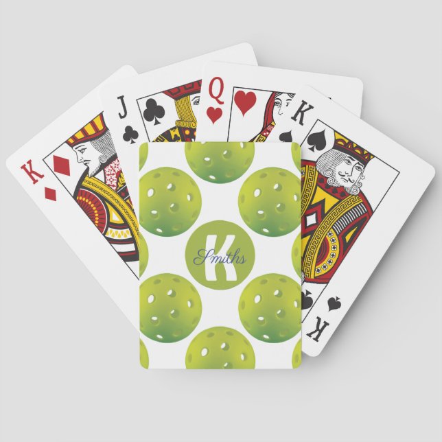With initial / name Lime green pickleballs pattern Playing Cards (Back)