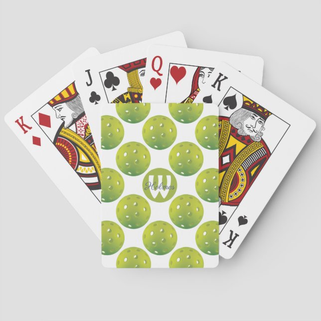 With initial / name Lime green pickleballs pattern Playing Cards (Back)