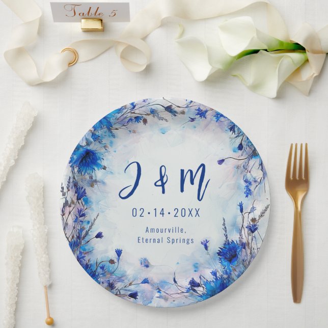 💍 With initials Cornflowers and Lavender Elegance Paper Plate (Wedding)