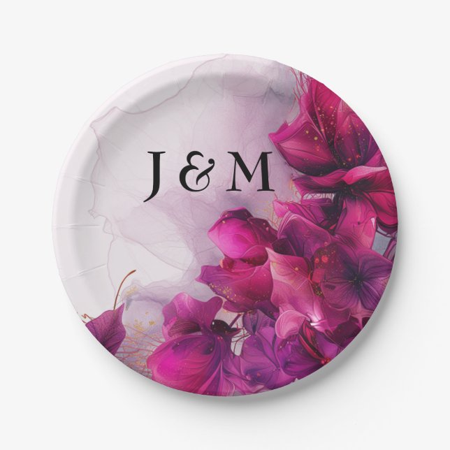 With initials Fuchsia Enchantment: Watercolor  Paper Plate (Front)