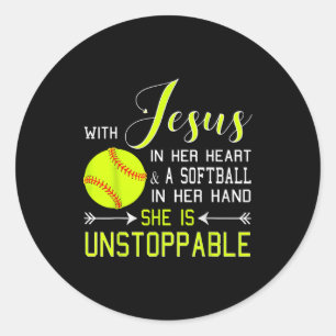 With Jesus In Her Heart And A Softball She Is Unst Classic Round Sticker
