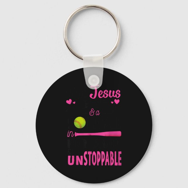 With Jesus In Her Heart And A Softball She Is Unst Keychain (Front)
