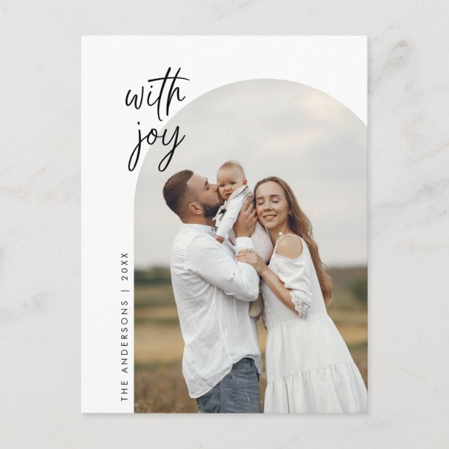 With Joy, Family Photo, Modern Minimalist Postcard (Front)